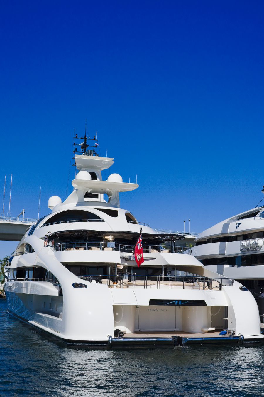Superyacht docked in Fort Lauderdale under a clear blue sky